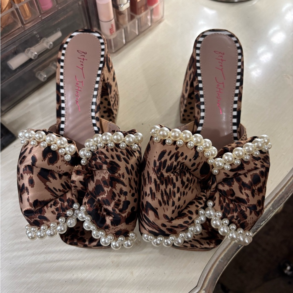 Betsey Johnson Macie Leopard Heels With Pearl Accents